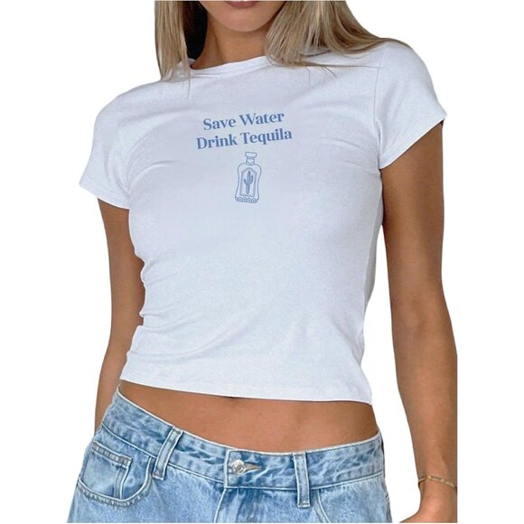 Tops - Women's Y2K Slim Fit Crop Top Tequila Print Short Sleeve Casual